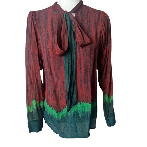 NWT Blank London Burgundy Green Tie Neck Semi-Sheer Long Sleeve Blouse Small - Picture 1 of 10